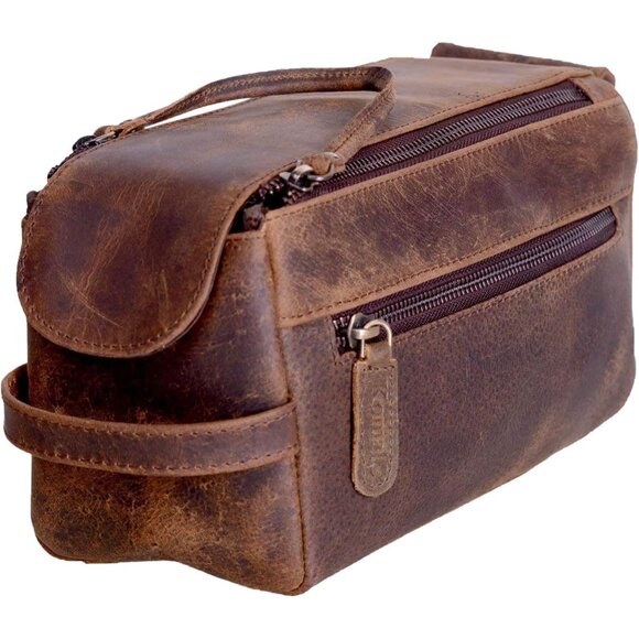 Unisex Distressed Tan Premium Buffalo Leather Toiletry Bag Travel Shaving kit - Picture 1 of 9